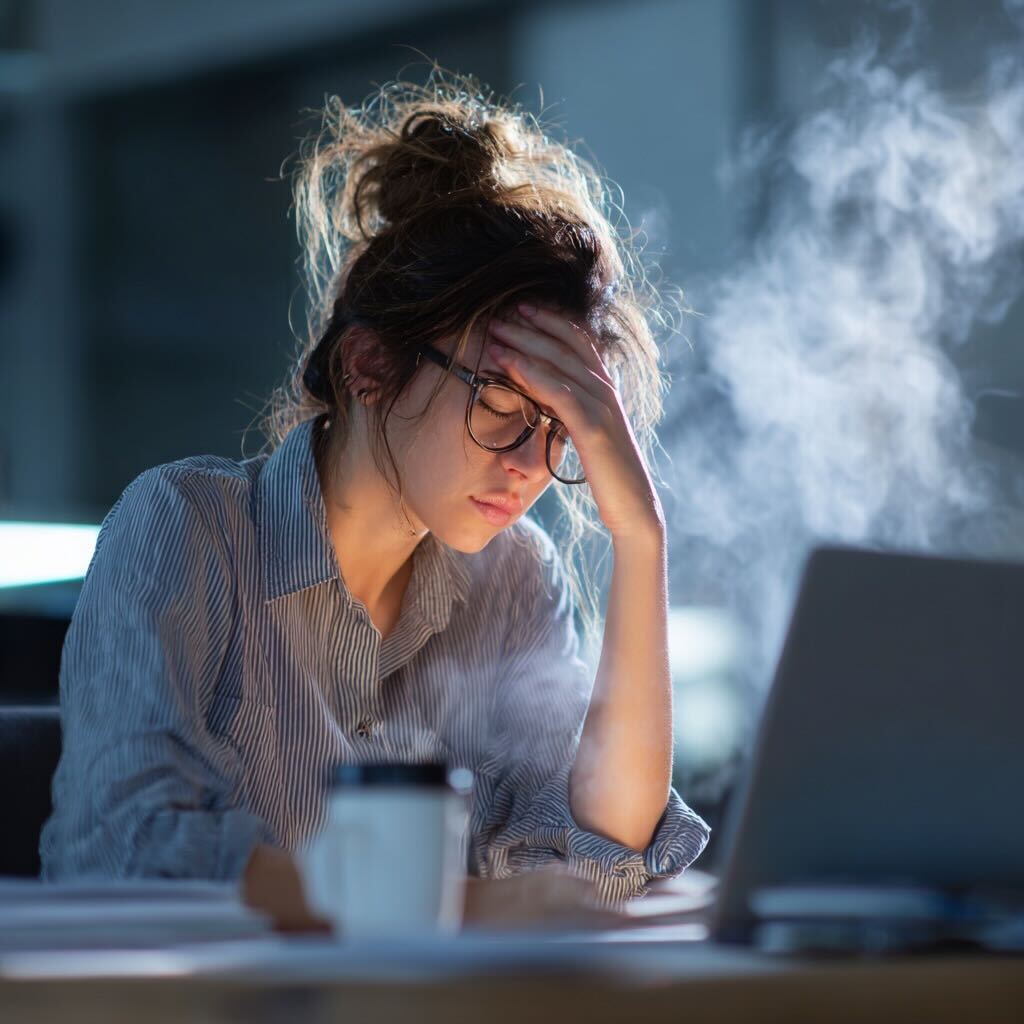 Une femme assise à son bureau tard le soir, la tête dans la main, visiblement épuisée, devant son ordinateur portable avec une tasse de café fumante. L’image illustre la fatigue professionnelle et les signes de burnout que les stages Oselience aident à prévenir et à mieux gérer en entreprise.