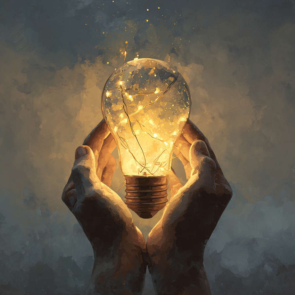 Mains tenant une ampoule lumineuse remplie de petites lumières, symbolisant l’inspiration et la créativité